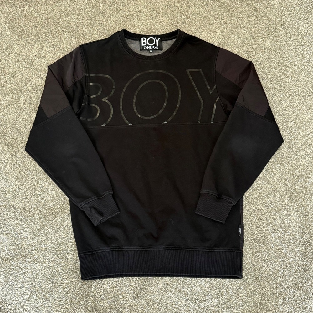 Boy London Mens Black Crewneck Sweatshirt Mixed Media Nylon Panel Logo Size M